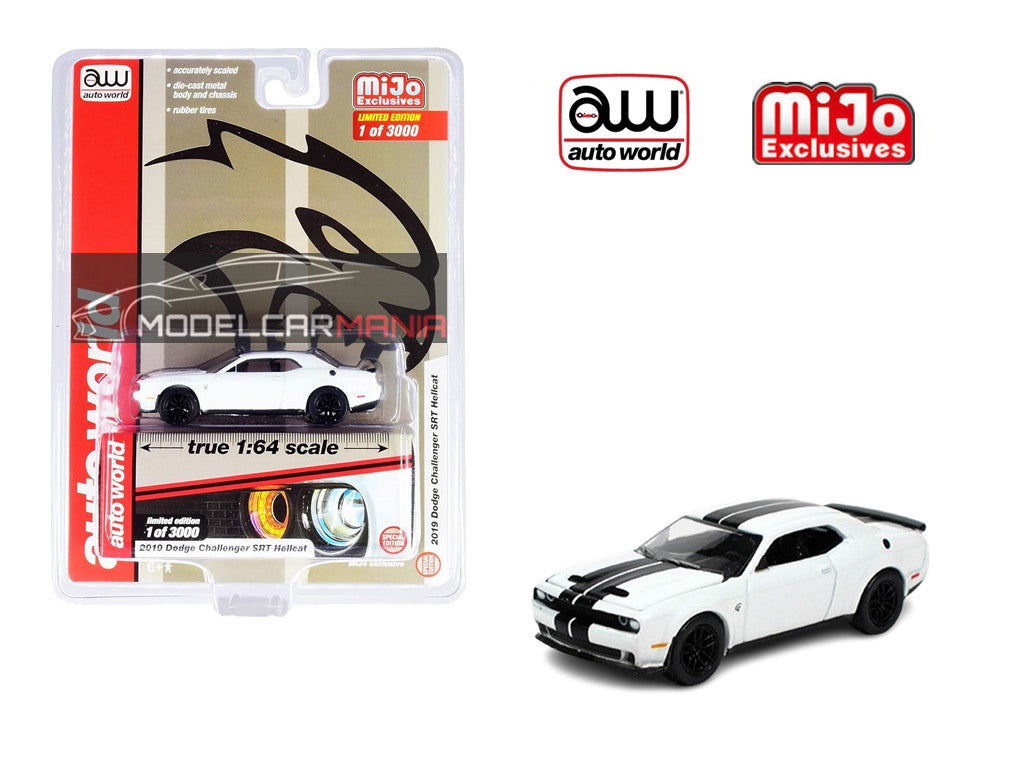 1:64 Auto World 2019 Dodge Challenger SRT Hellcat White with Black Stripes Limited 3,000 Pieces CP7755