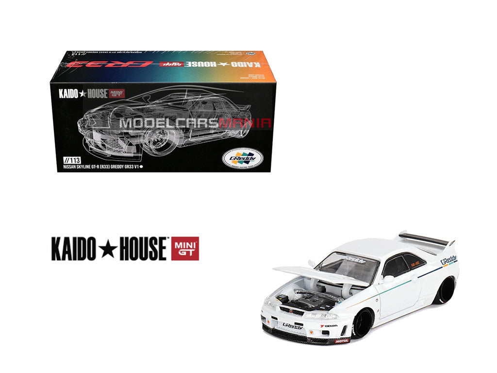 1/64 Kaido House x Mini GT Nissan Skyline GT-R (R33) Greddy GR33 V1 – White Limited Edition KHMG113 SEALED